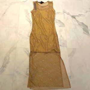 NWT House of Harlow Women's Mesh Maxi Dress W Rhinestones Tan size XXS